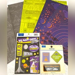 🛸 🚀 KAREN FOSTER “BLAST OFF SPACE” STICKERS & SCRAPBOOK PAPER BUNDLE. RETIRED!